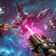 An ornate-looking gun fires a pink laser into a demon's chest.